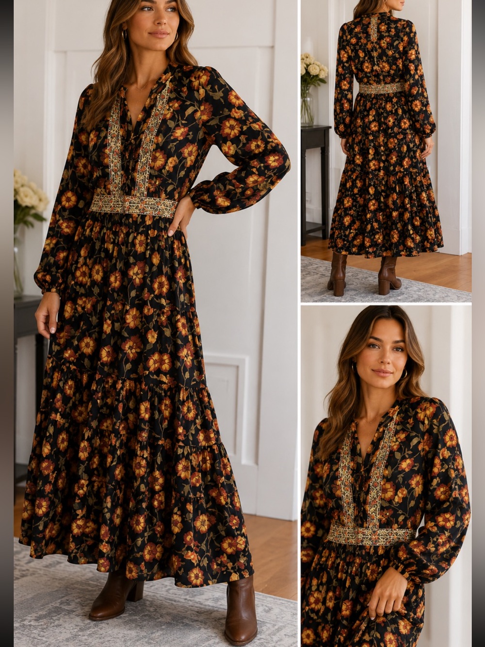 AISH Black and Orange Floral Long Sleeve maxi bohemian Dress